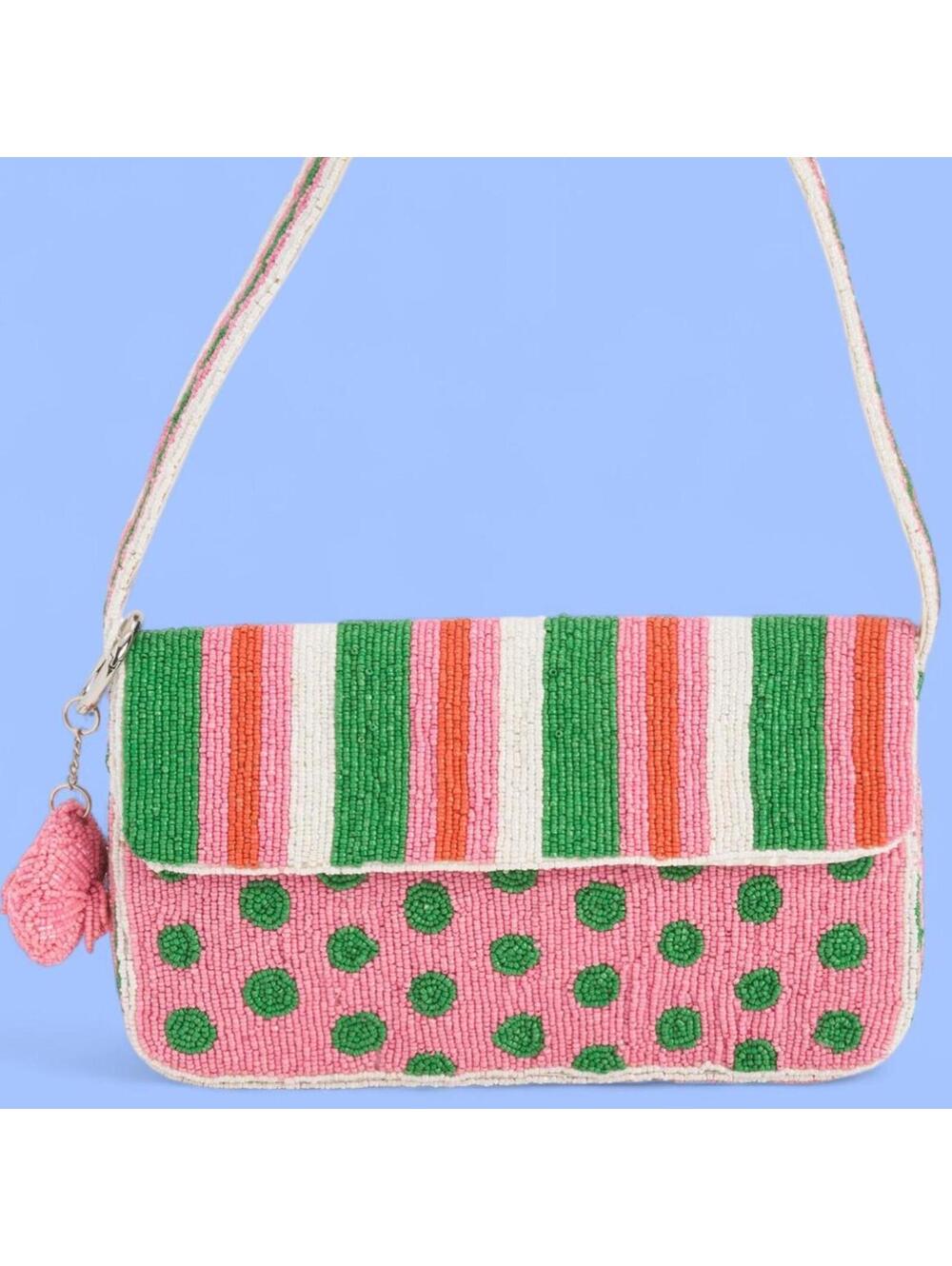 NWT TikTok Viral Pink & Green Striped Beaded Bag